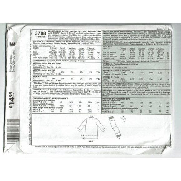 McCall's Sewing Pattern 3788 Misses Jacket Hat Scarf Size XS-MED - Picture 2 of 2